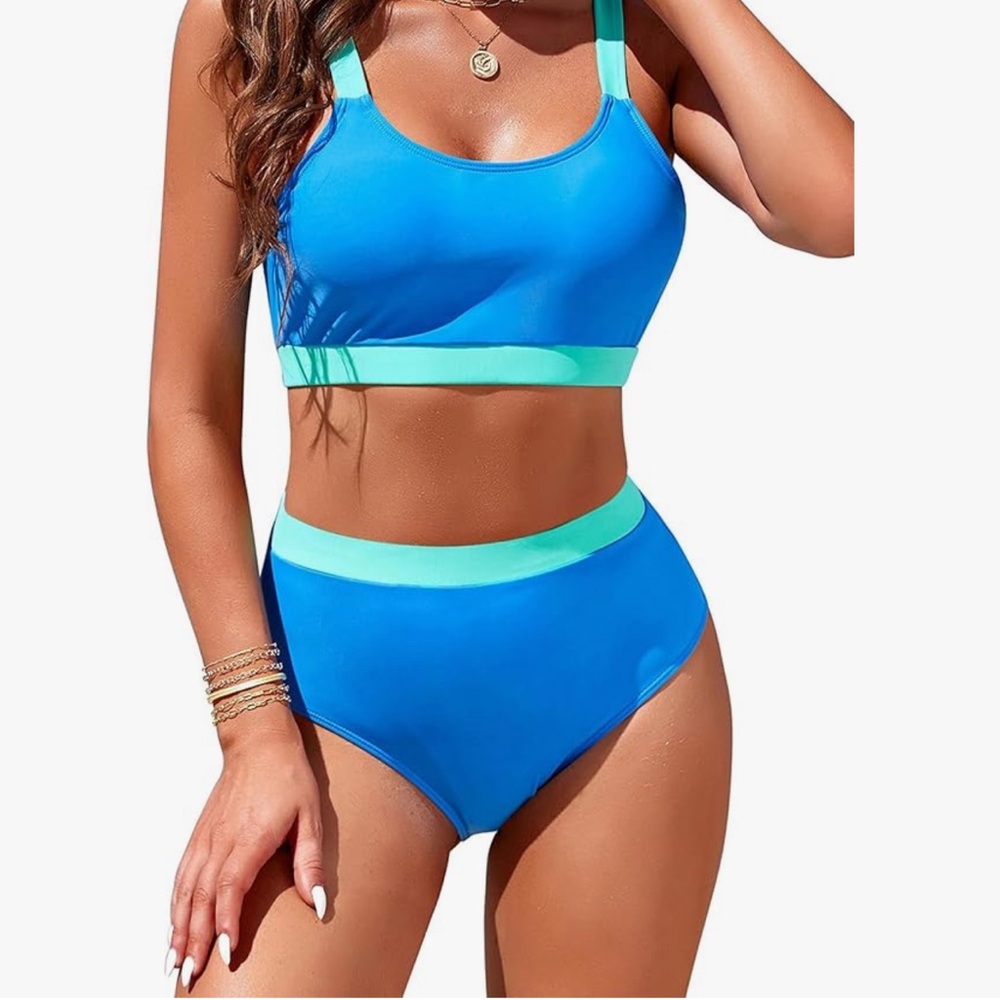 High Waisted Sporty Scoop Neck Bikini- Blue/Teal